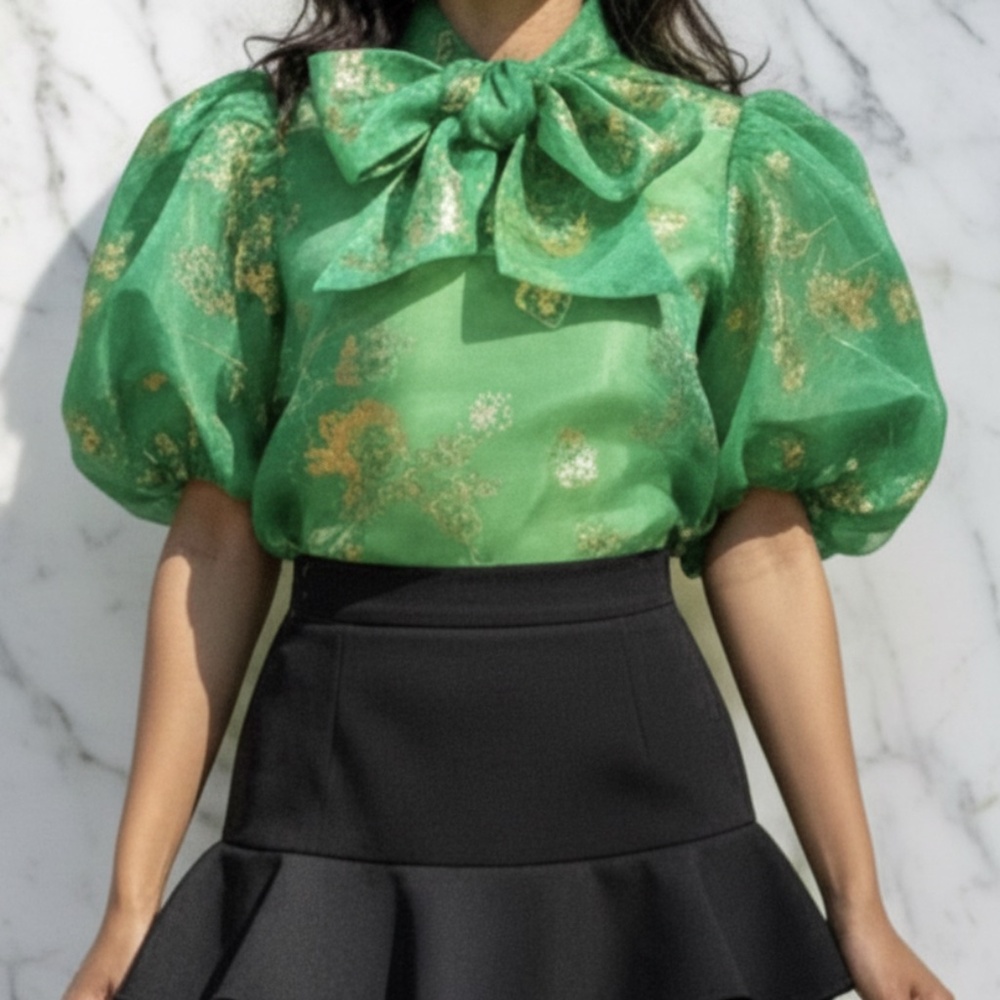 #A117 Nancy Sheer Luxe Green & Gold Organza Puff Sleeve Top NWT L - Picture 3 of 14